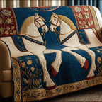 White Horse on the Navy Folk Quilt Sofa Cover