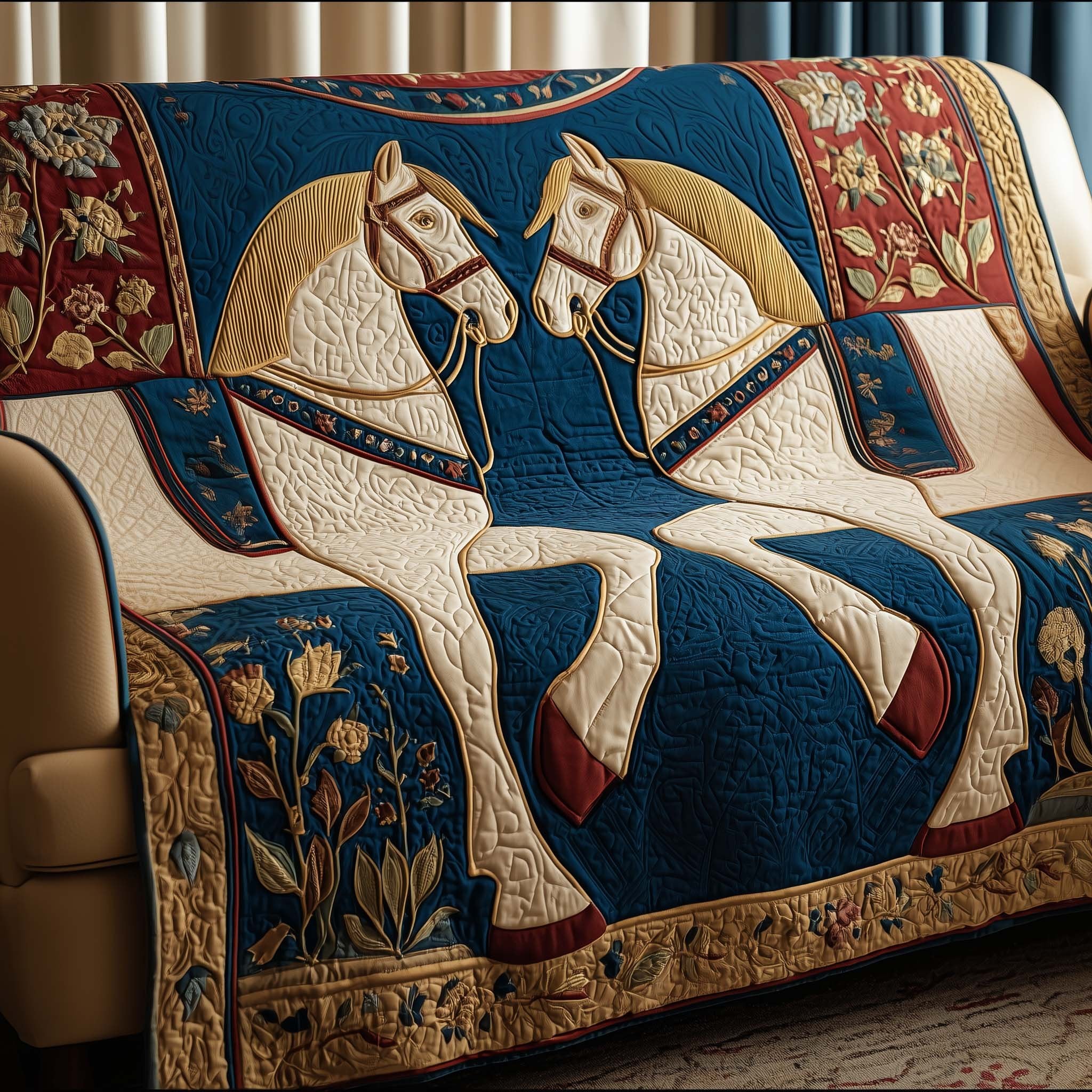 White Horse on the Navy Folk Quilt Sofa Cover