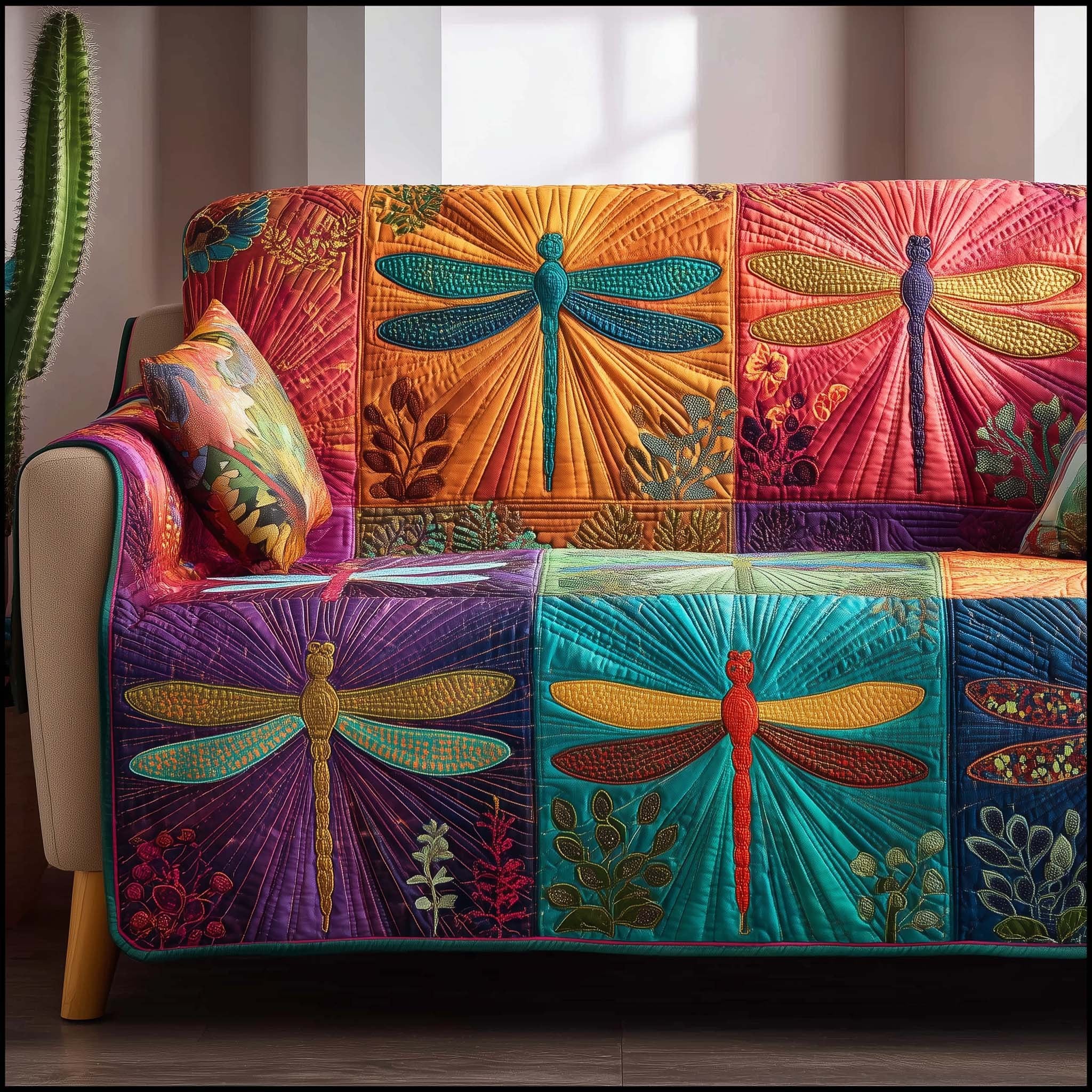 Dragonflies on Orange and Teal Blocks Sofa Cover