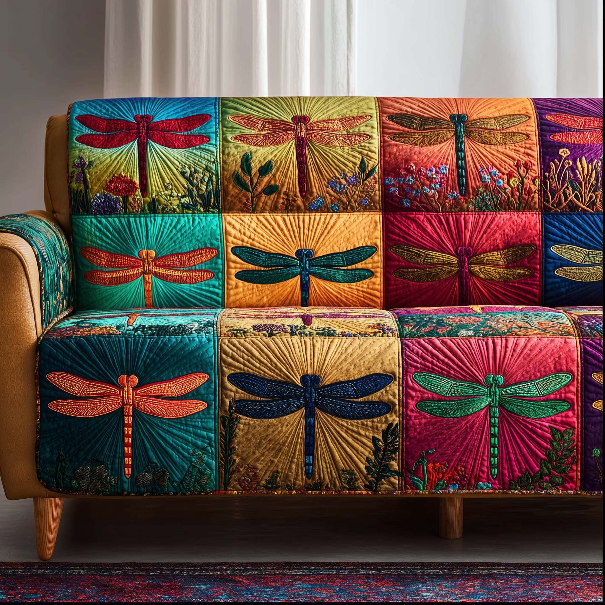 Dragonflies Over the Sunburst Squares Sofa Cover