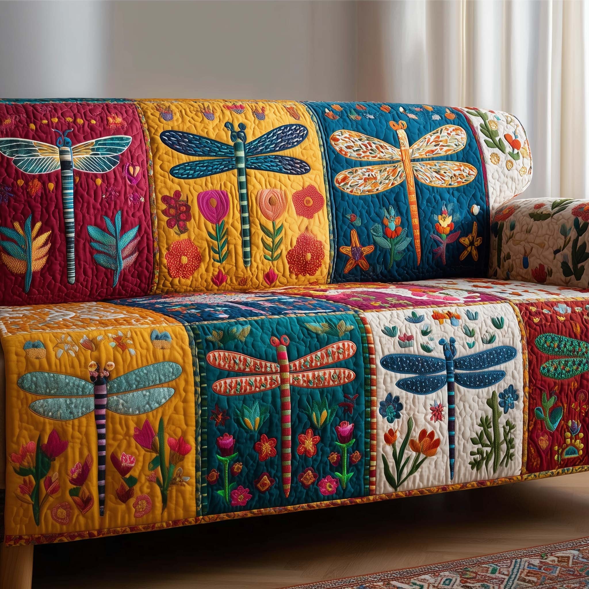 Dragonflies and Blooms in Blue and Gold Sofa Cover