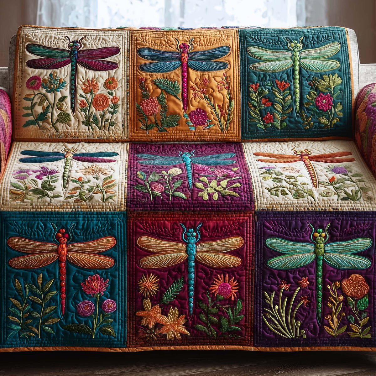 Dragonflies in Jewel Toned Garden Blocks Sofa Cover