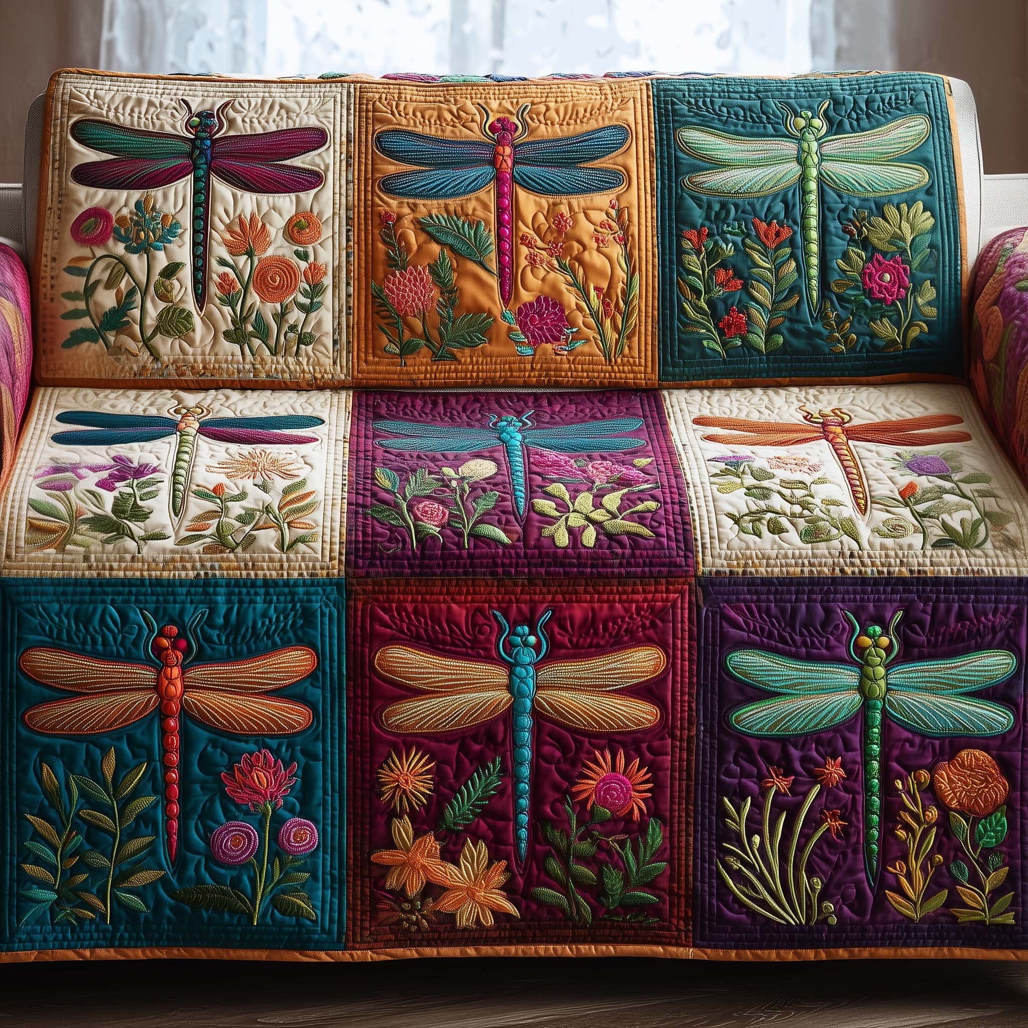 Dragonflies in Jewel Toned Garden Blocks Sofa Cover