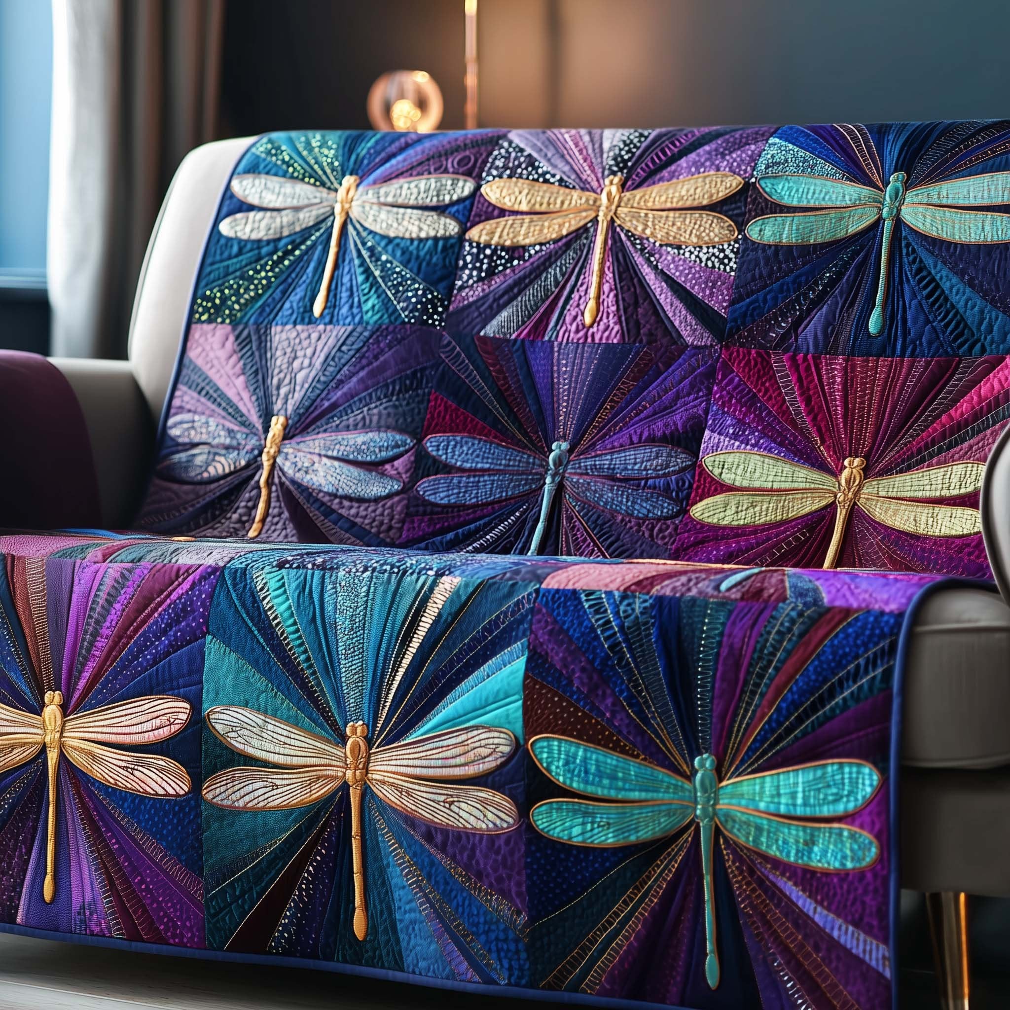 Dragonflies on Purple and Sapphire Sofa Cover