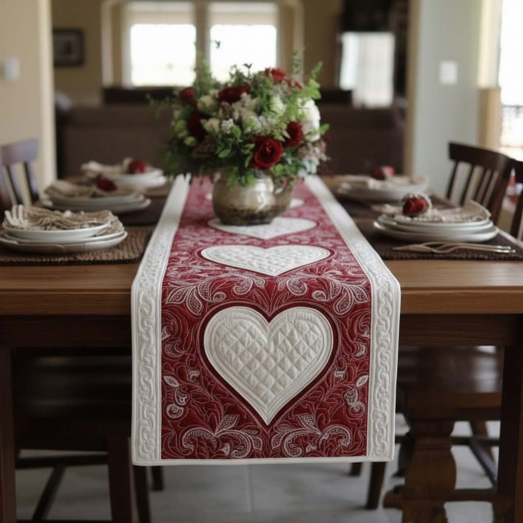 Cream Hearts on Rose Runner Table Runner