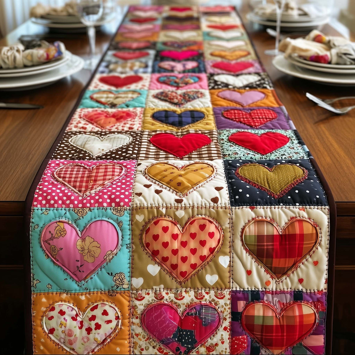 Patchwork Hearts in Bright Squares Table Runner
