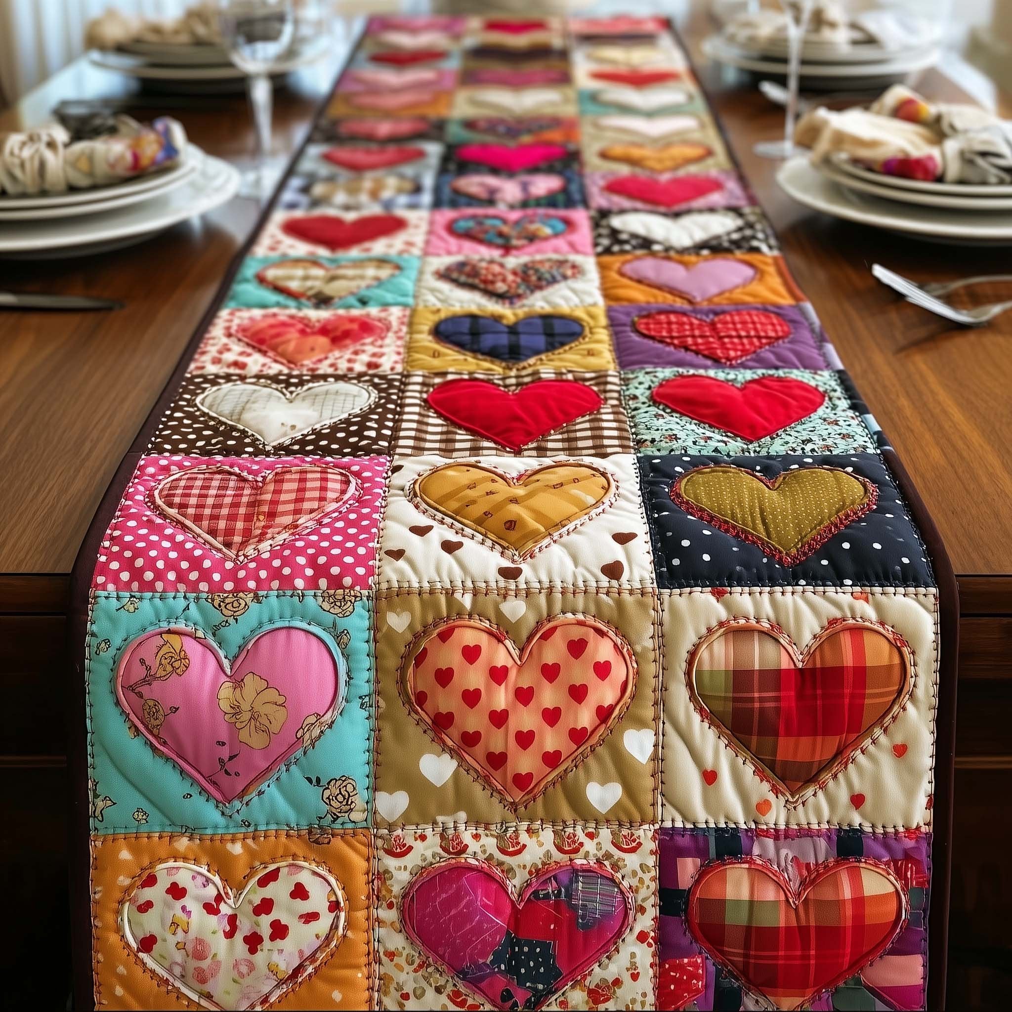 Patchwork Hearts in Bright Squares Table Runner