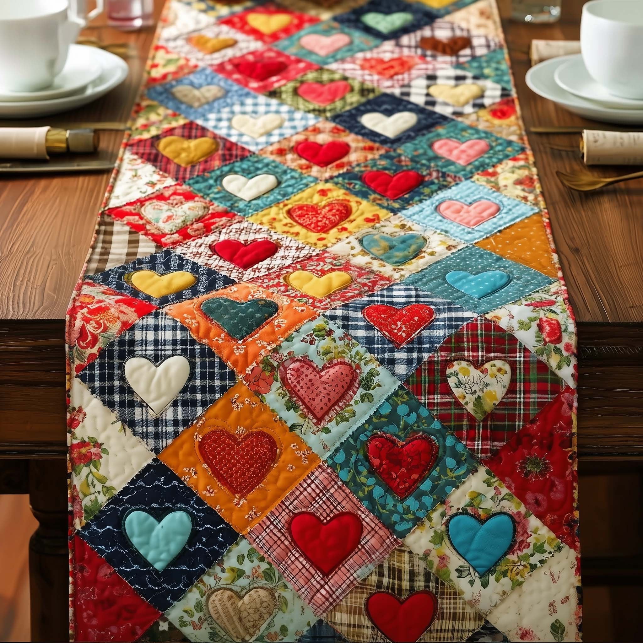 Hearts in Diagonal Patchwork Blocks Table Runner