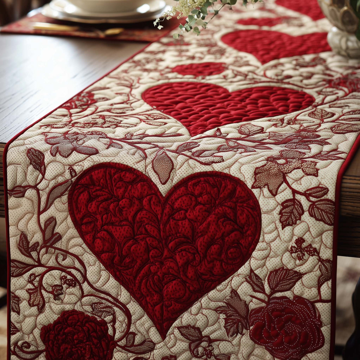 Red Hearts on Vine Scrolls Table Runner