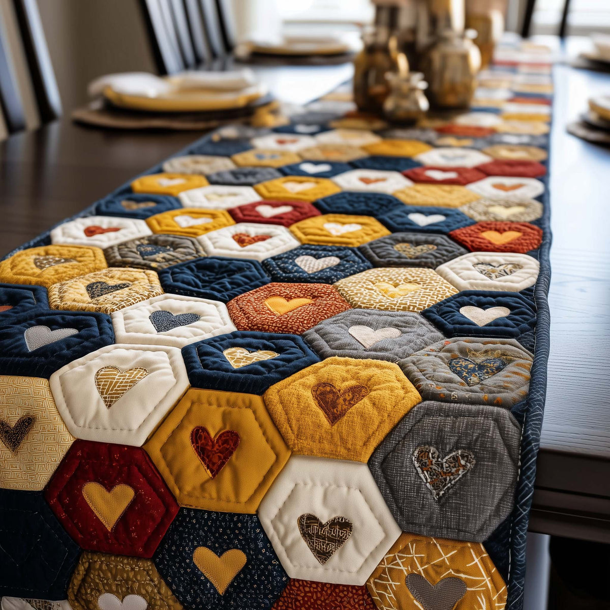 Hearts in Gold and Blue Hexagons Table Runner