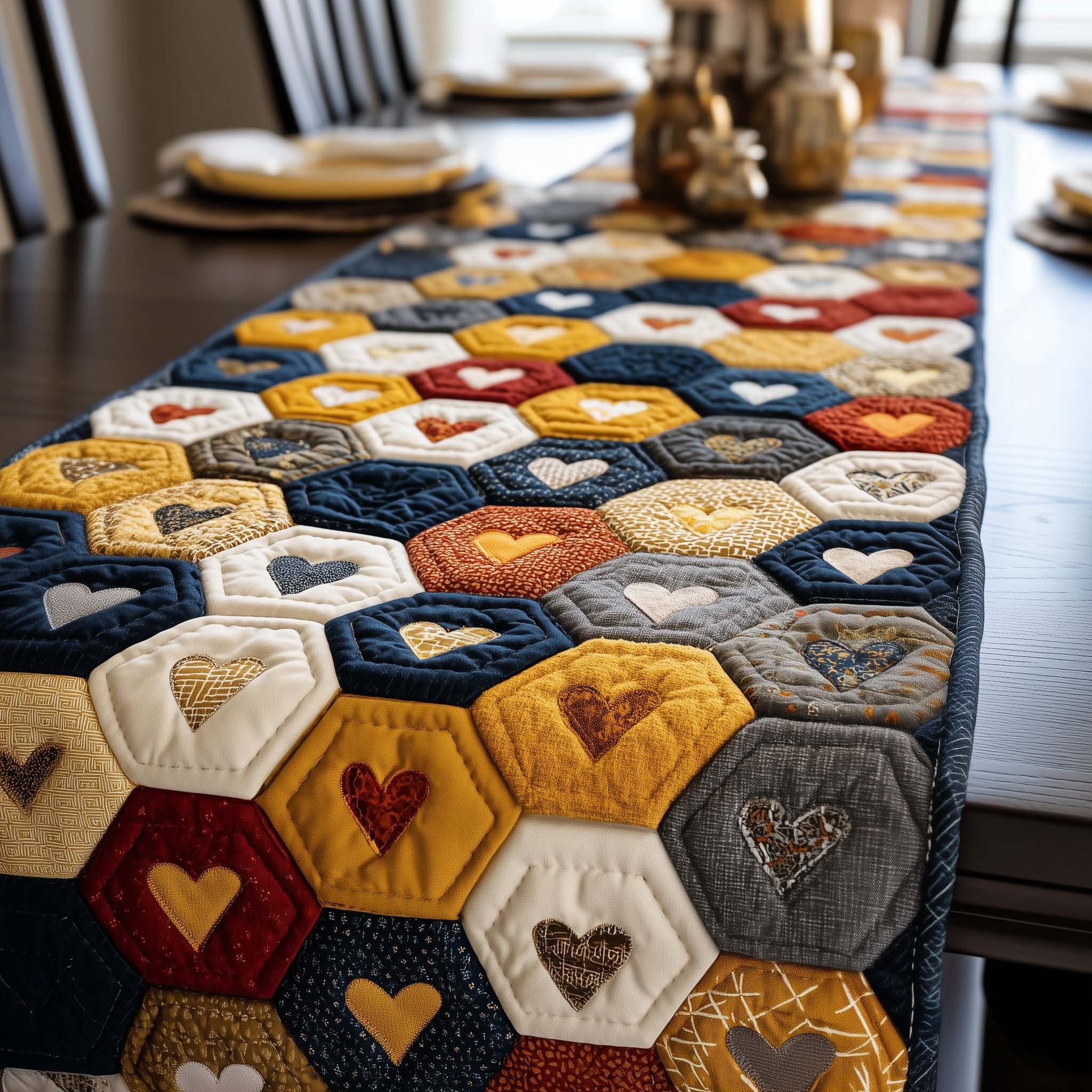 Hearts in Gold and Blue Hexagons Table Runner