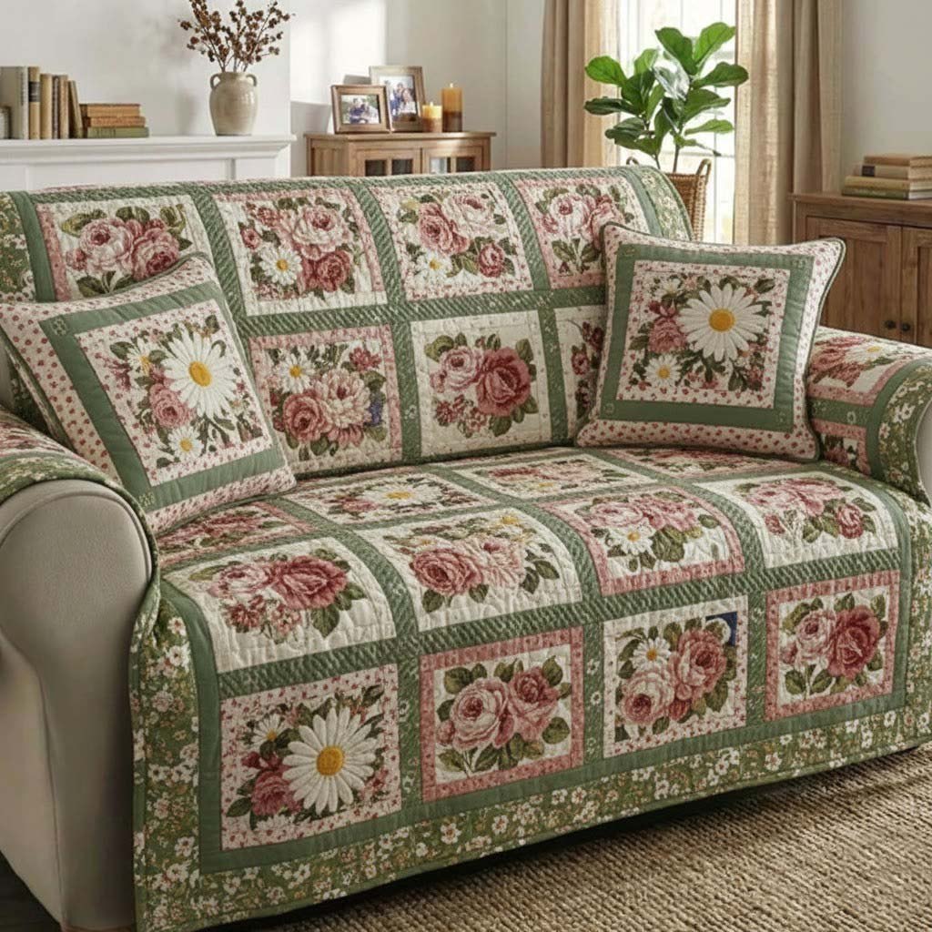 Roses and Daisies in Green Frames Sofa Cover