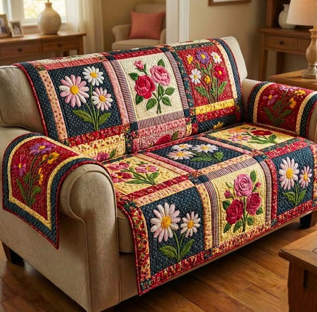 Flower Blocks in Red and Gold Sofa Cover