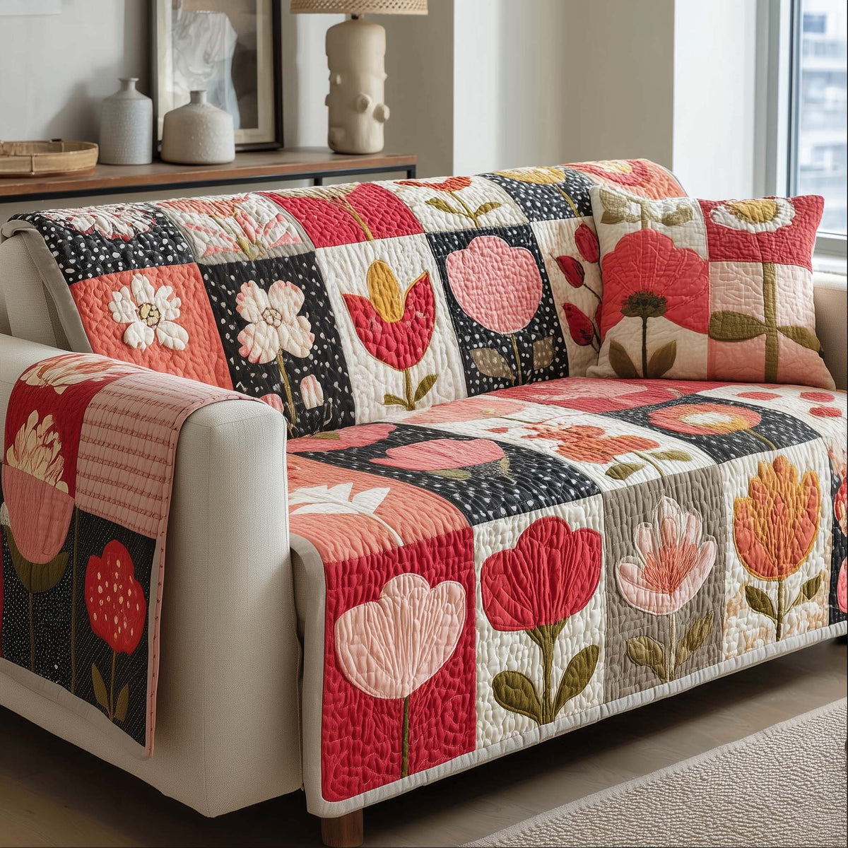Tulips and Blooms on Black and Cream Sofa Cover