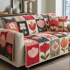 Tulips and Blooms on Black and Cream Sofa Cover