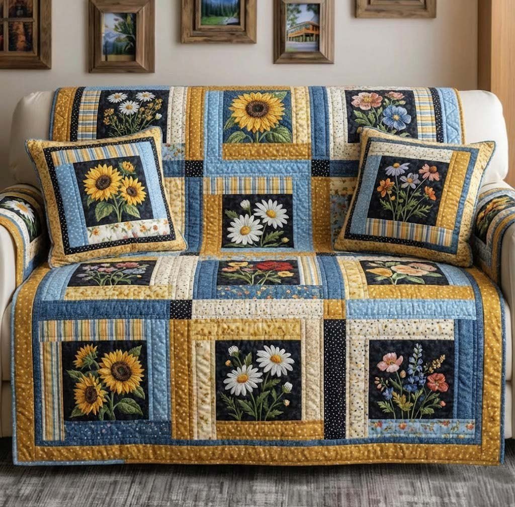 Sunflowers and Daisies in Blue Frames Sofa Cover