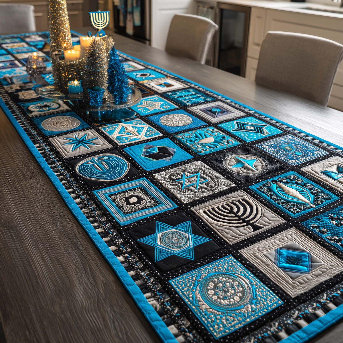 Turquoise Hanukkah Symbol Mosaic Squares Table Runner