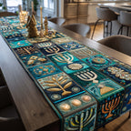 Teal Menorah and Dreidel Blocks Table Runner