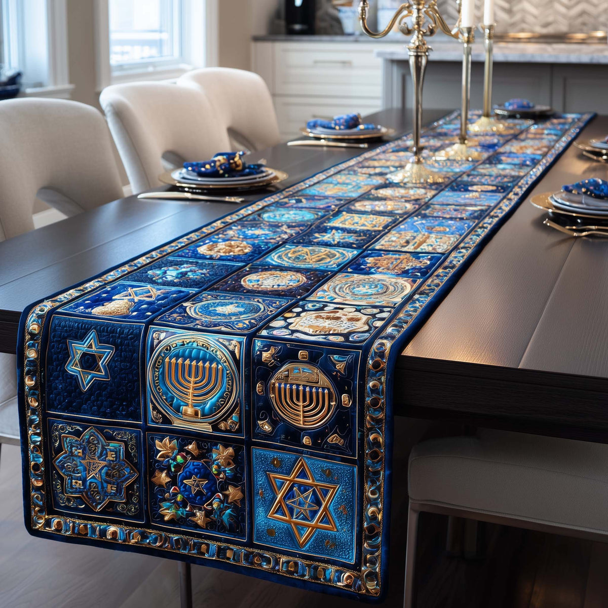 Blue Star of David and Menorah Tiles Table Runner