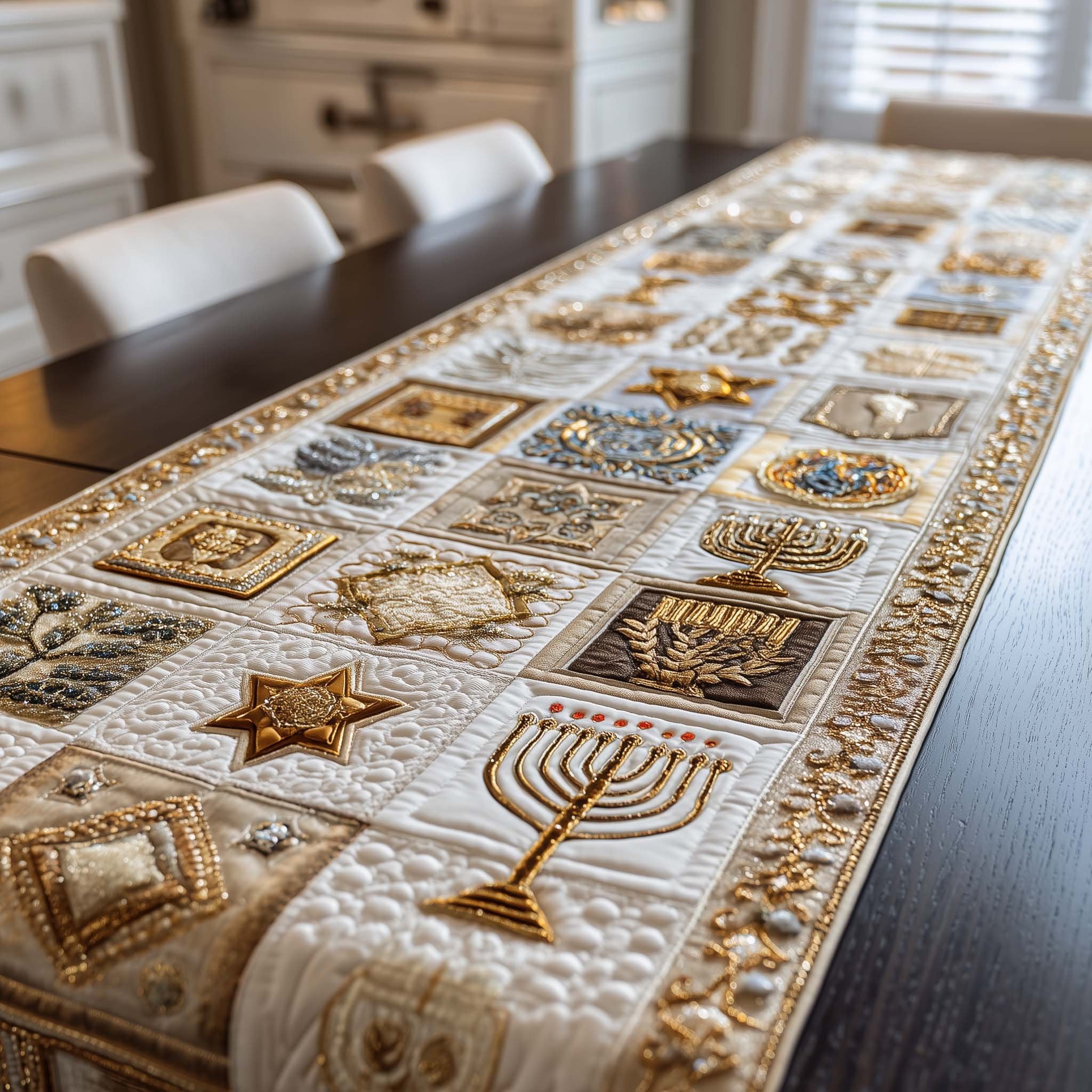 Cream and Gold Menorah Medallion Panels Table Runner