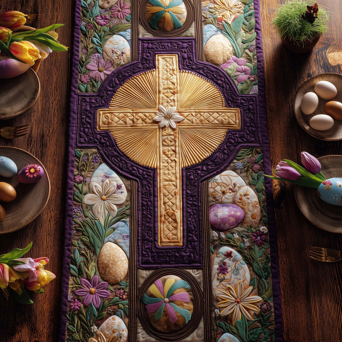 Golden Celtic Cross with Easter Eggs Table Runner