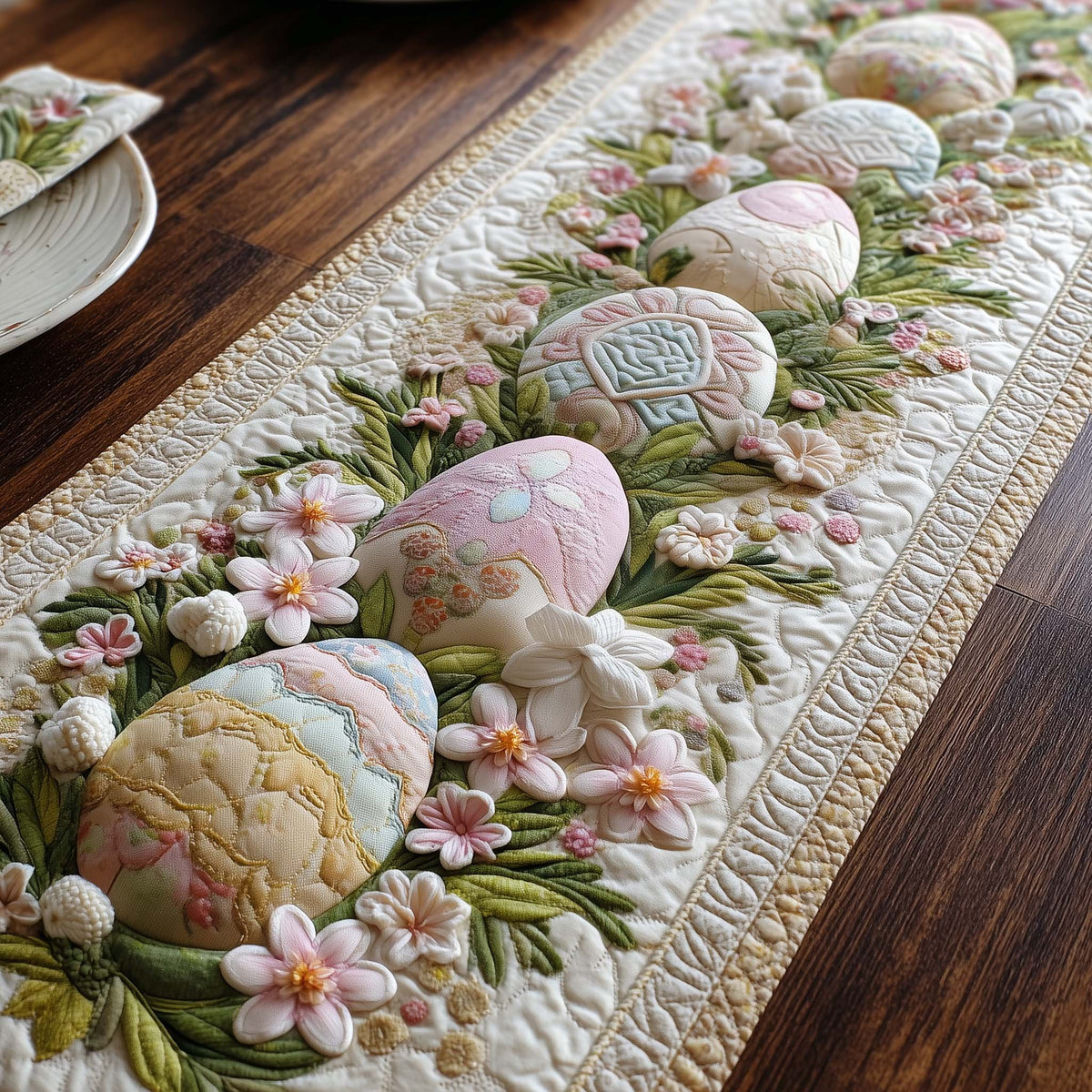 Pastel Eggs with Cherry Blossoms Table Runner