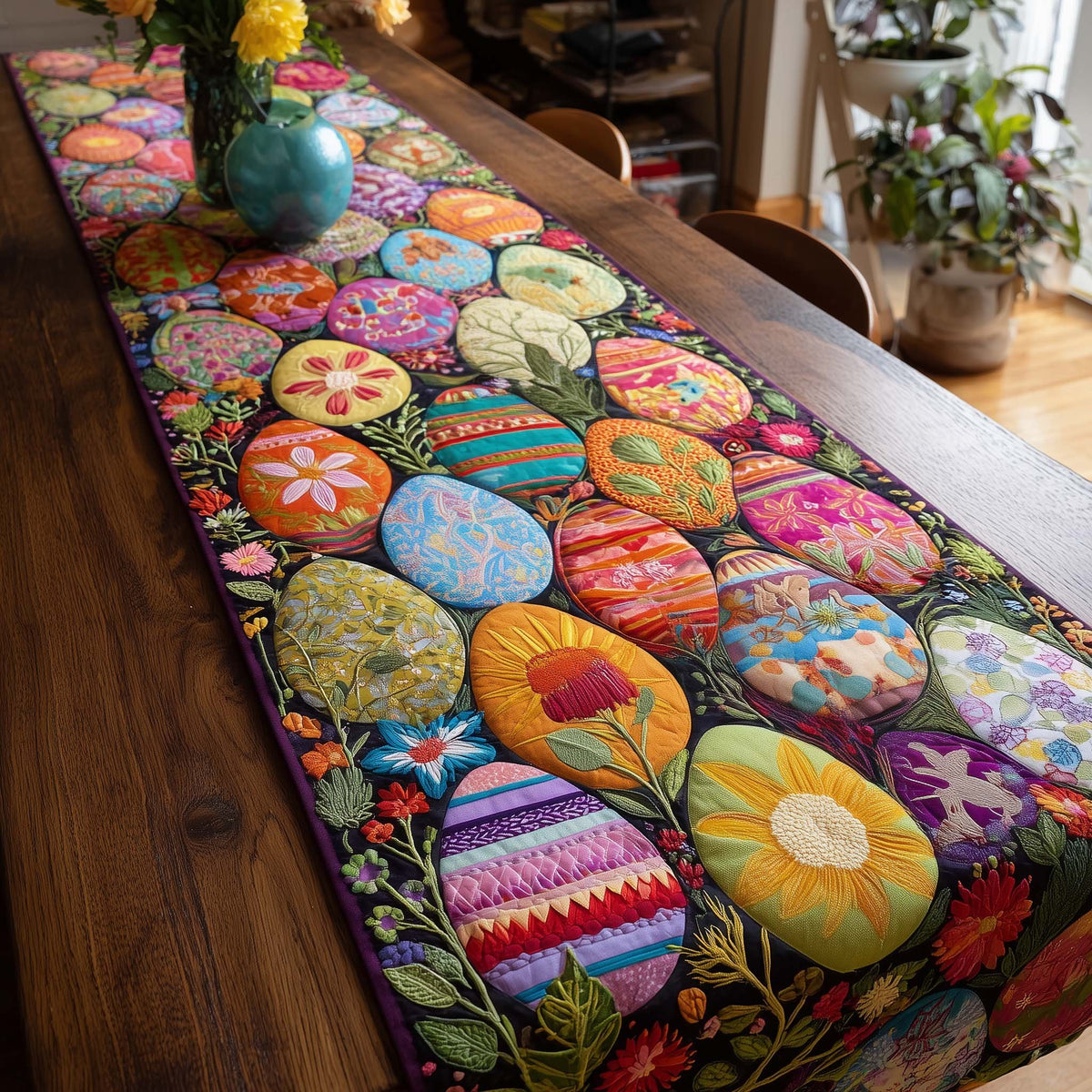 Bright Decorated Eggs with Flowers Table Runner