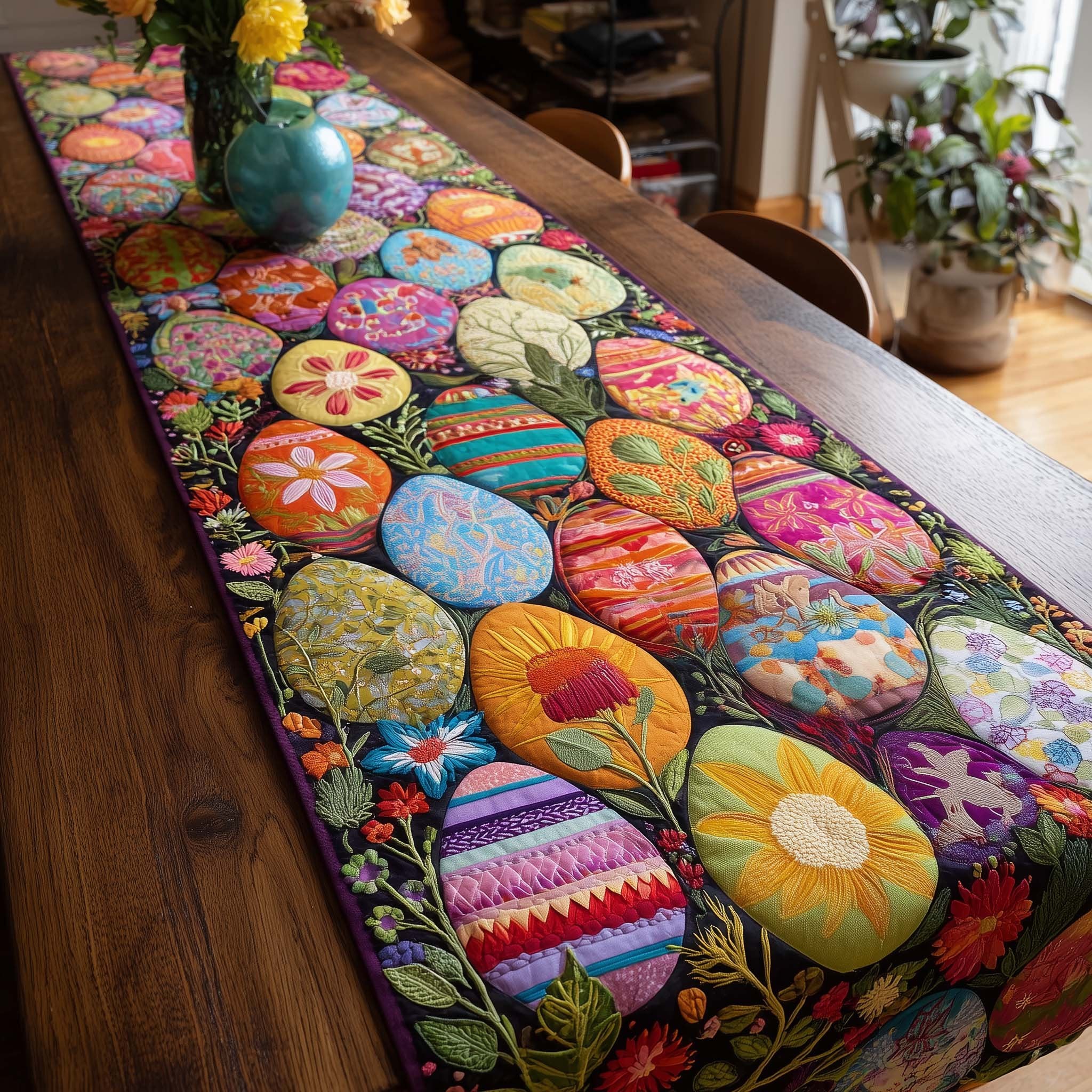 Bright Decorated Eggs with Flowers Table Runner