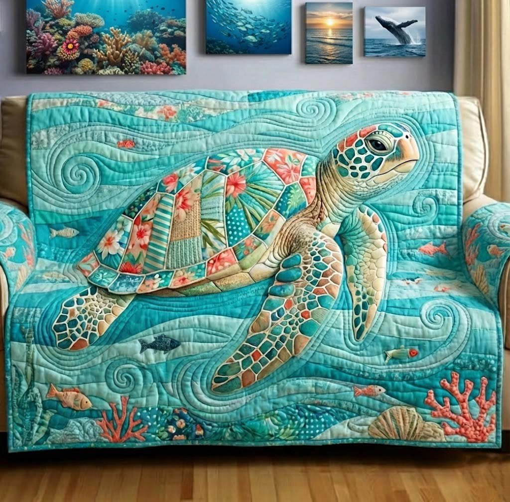 Patterned Turtles on Aqua Water Sofa Cover