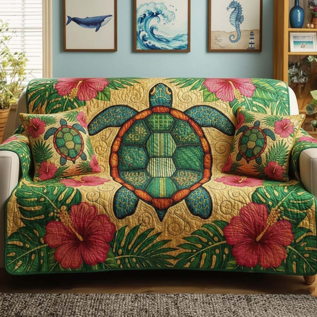 Turtle Medallion Among Hibiscus Sofa Cover