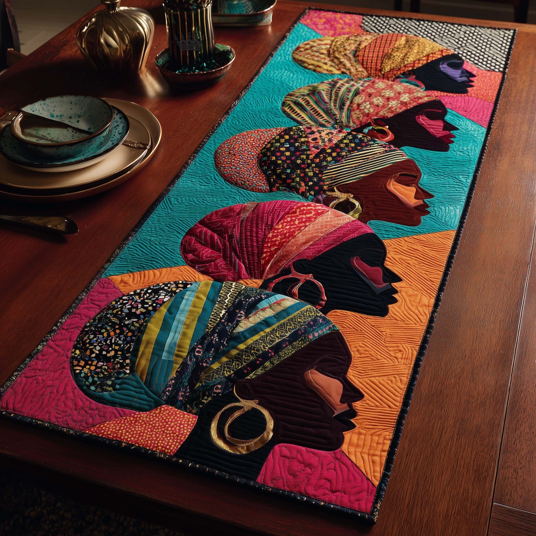 Headwrap Profiles on Teal Panel Table Runner