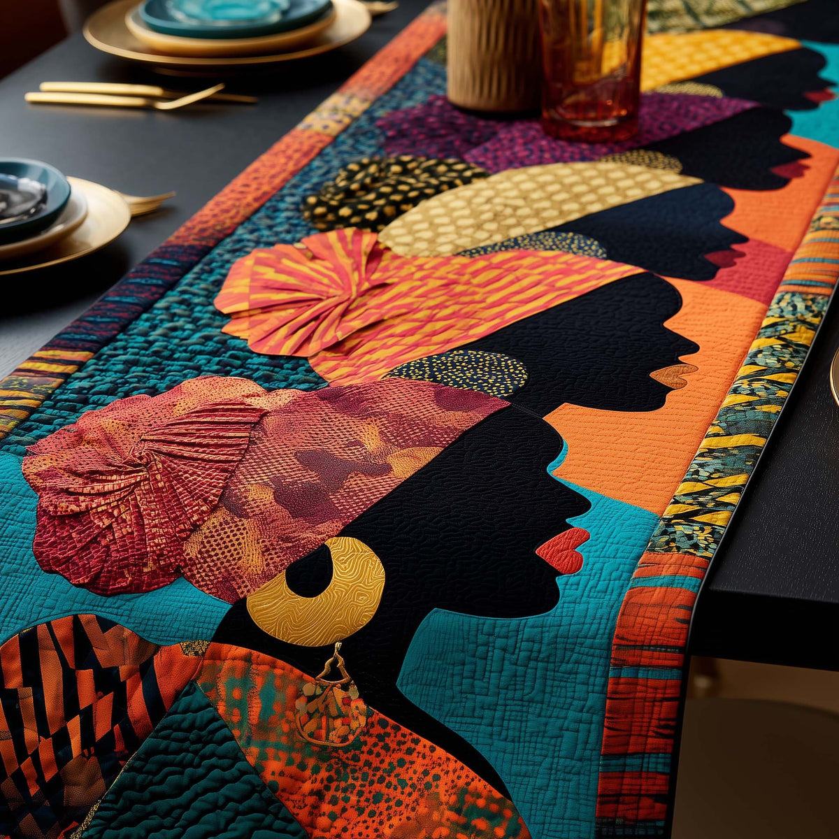 Orange Headwraps on Teal Patterns Table Runner
