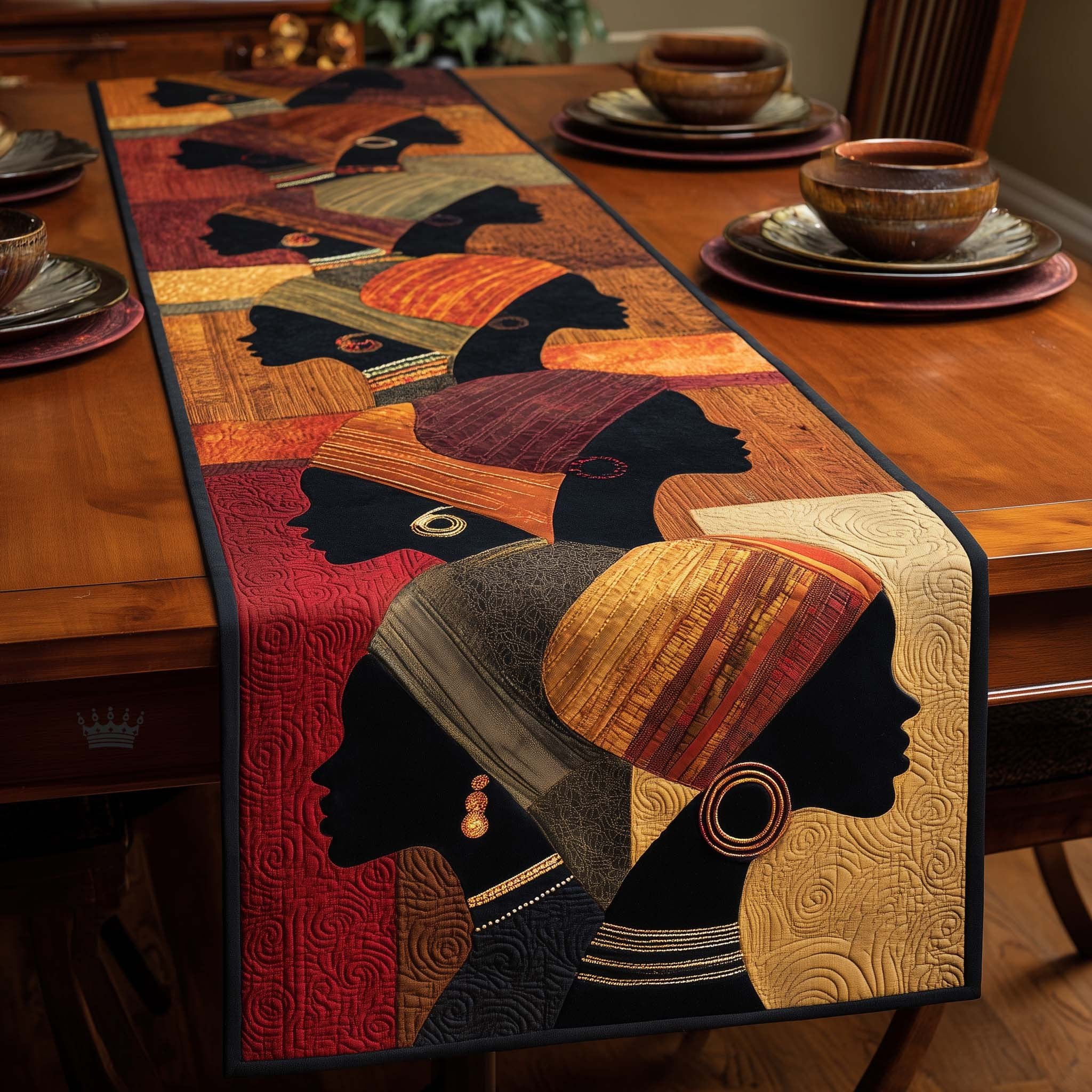 Gold and Black Profiles on Red Table Runner