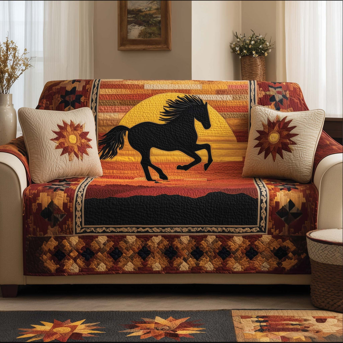 Black Horse Against the Setting Sun Sofa Cover