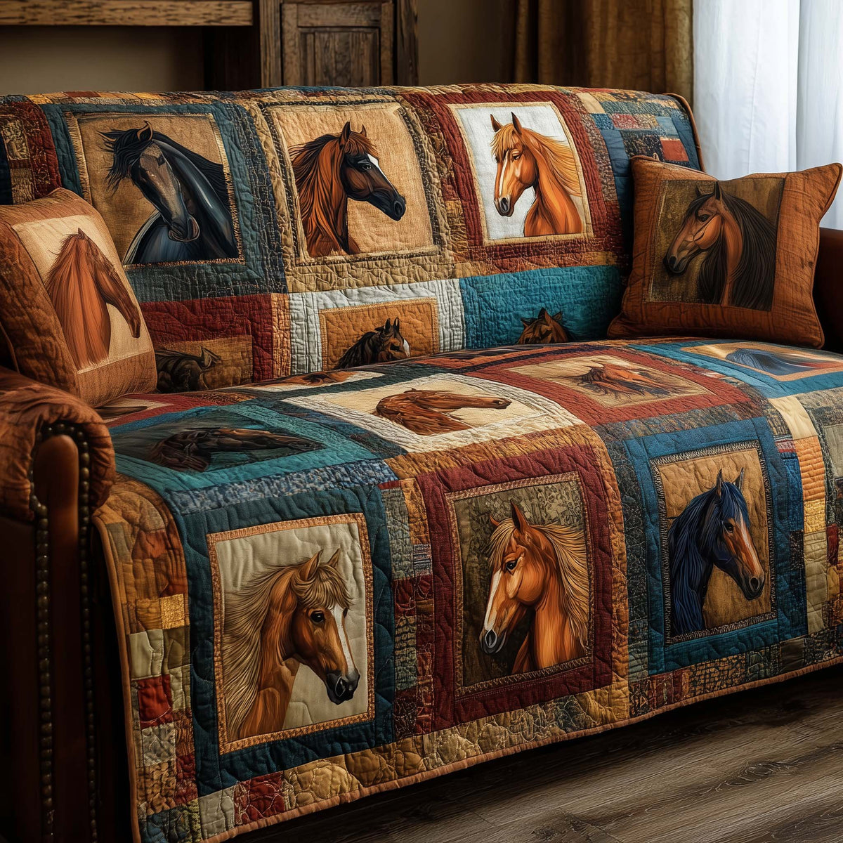 Horses on the Warm Patchwork Squares Sofa Cover