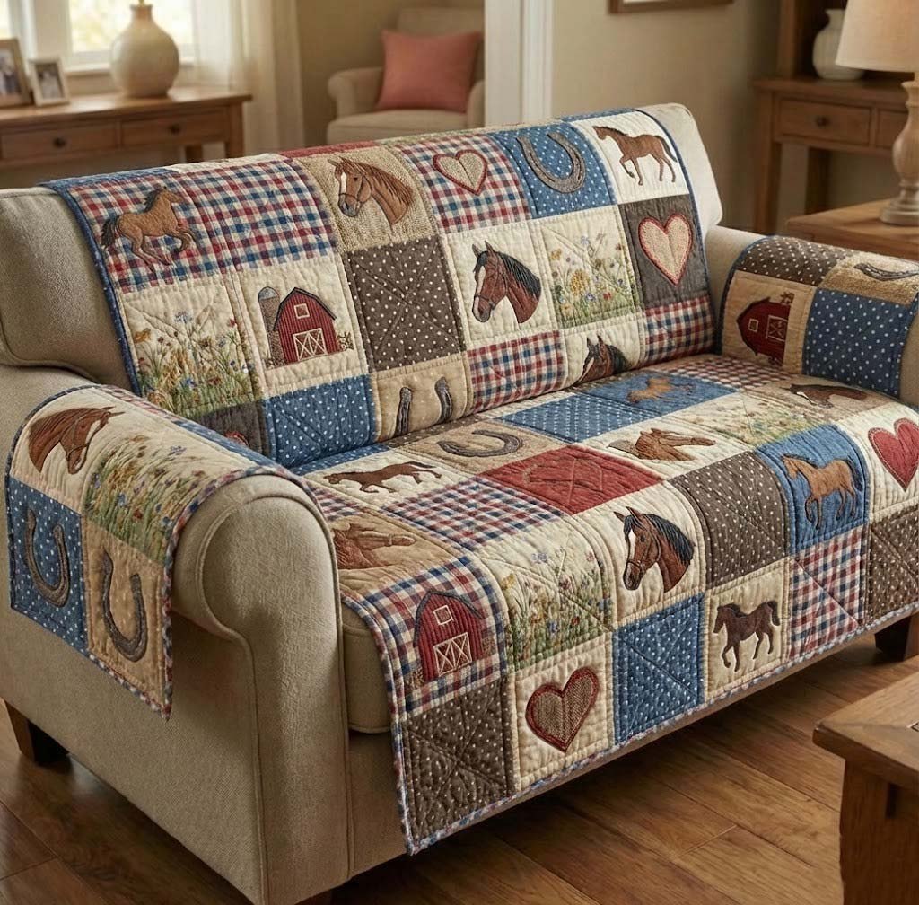 Horse and Barn Blocks in Cream Sofa Cover