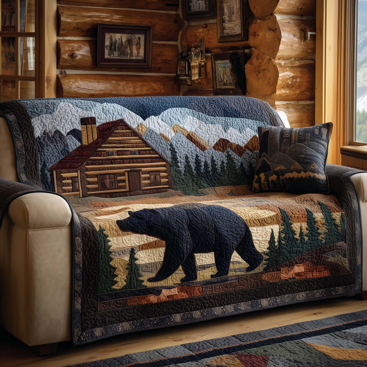 Black Bear Before the Mountain Cabin Sofa Cover
