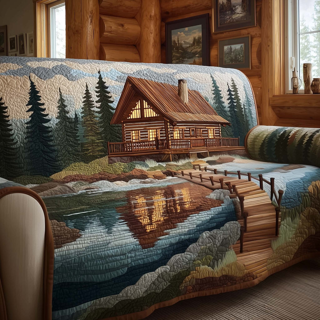 Cabin Reflected in the Still Lake Sofa Cover
