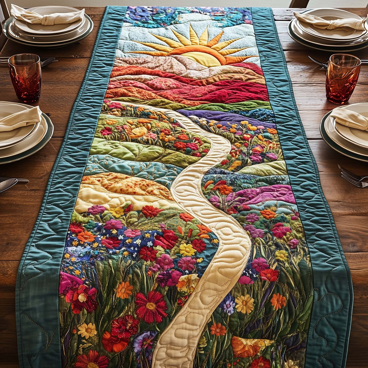 Winding Path Through Wildflowers Table Runner