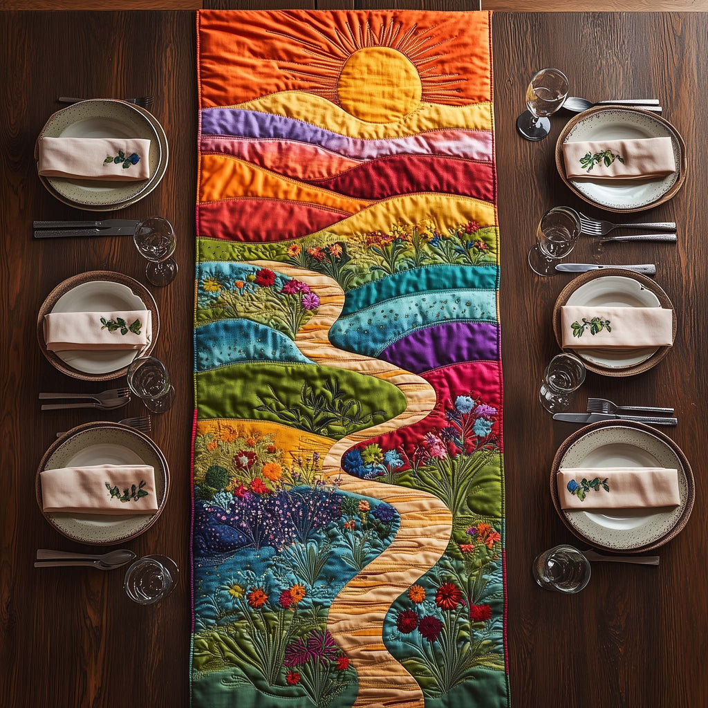 Teal River Through Flower Fields Table Runner