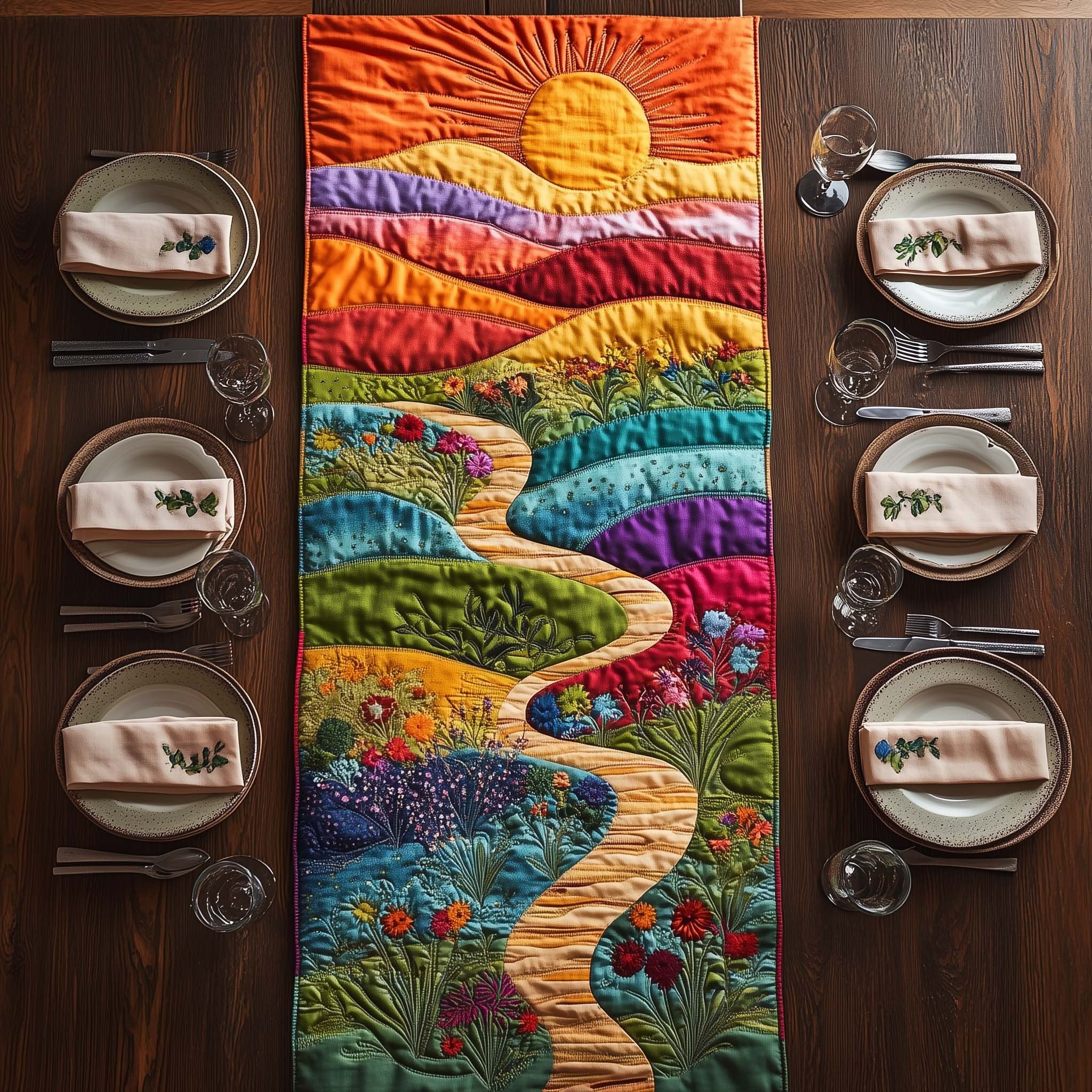 Teal River Through Flower Fields Table Runner