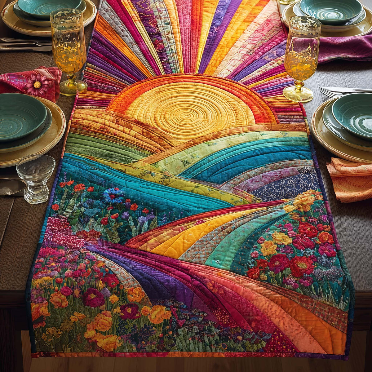 Rainbow Sunrise Over Rolling Hills Table Runner