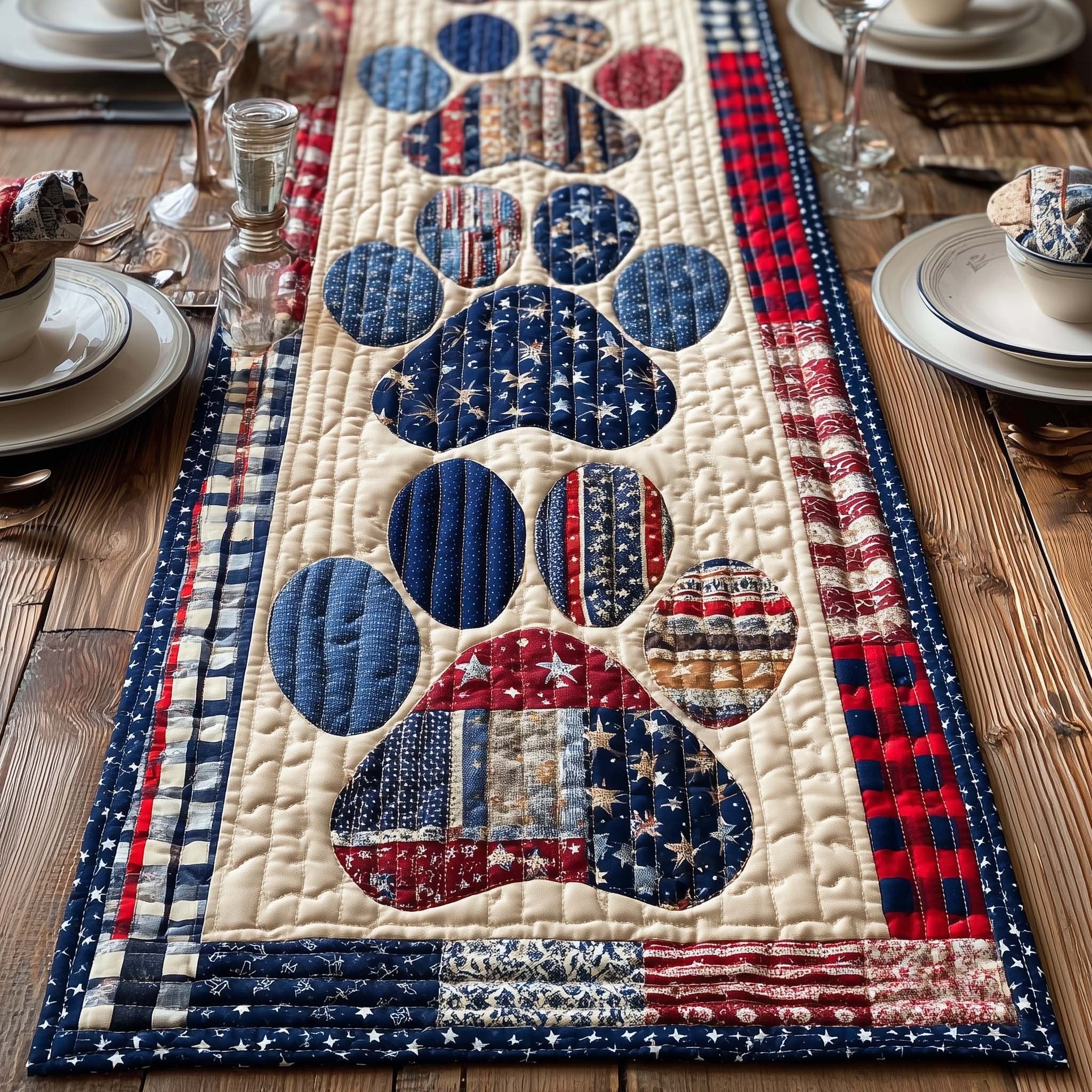 Blue Paw Print on Cream Panel Table Runner