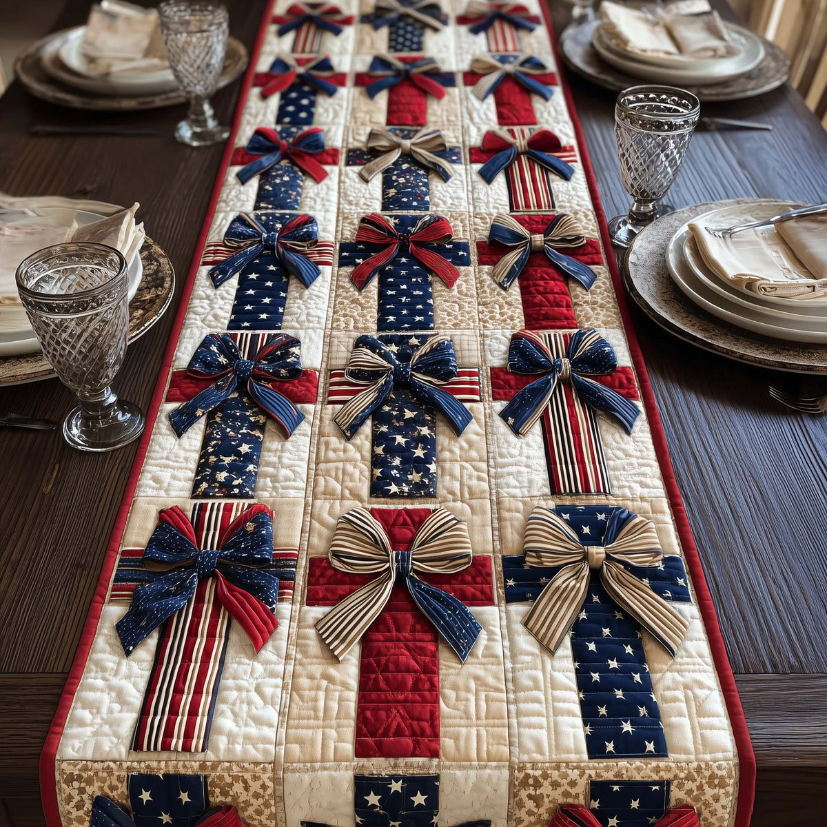 Patriotic Bows on Star Squares Table Runner
