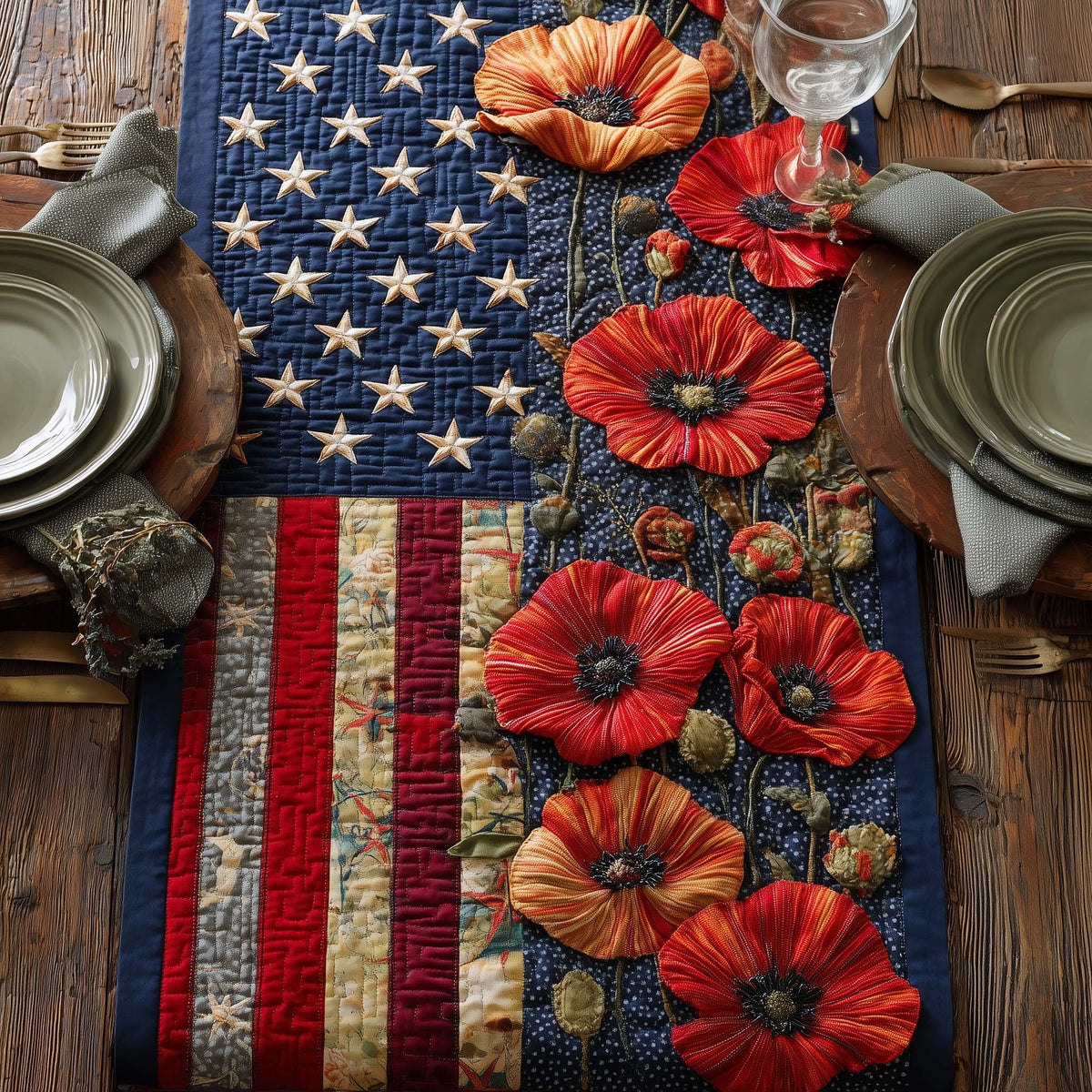 Red Poppies on Flag Stripes Table Runner