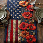 Red Poppies on Flag Stripes Table Runner