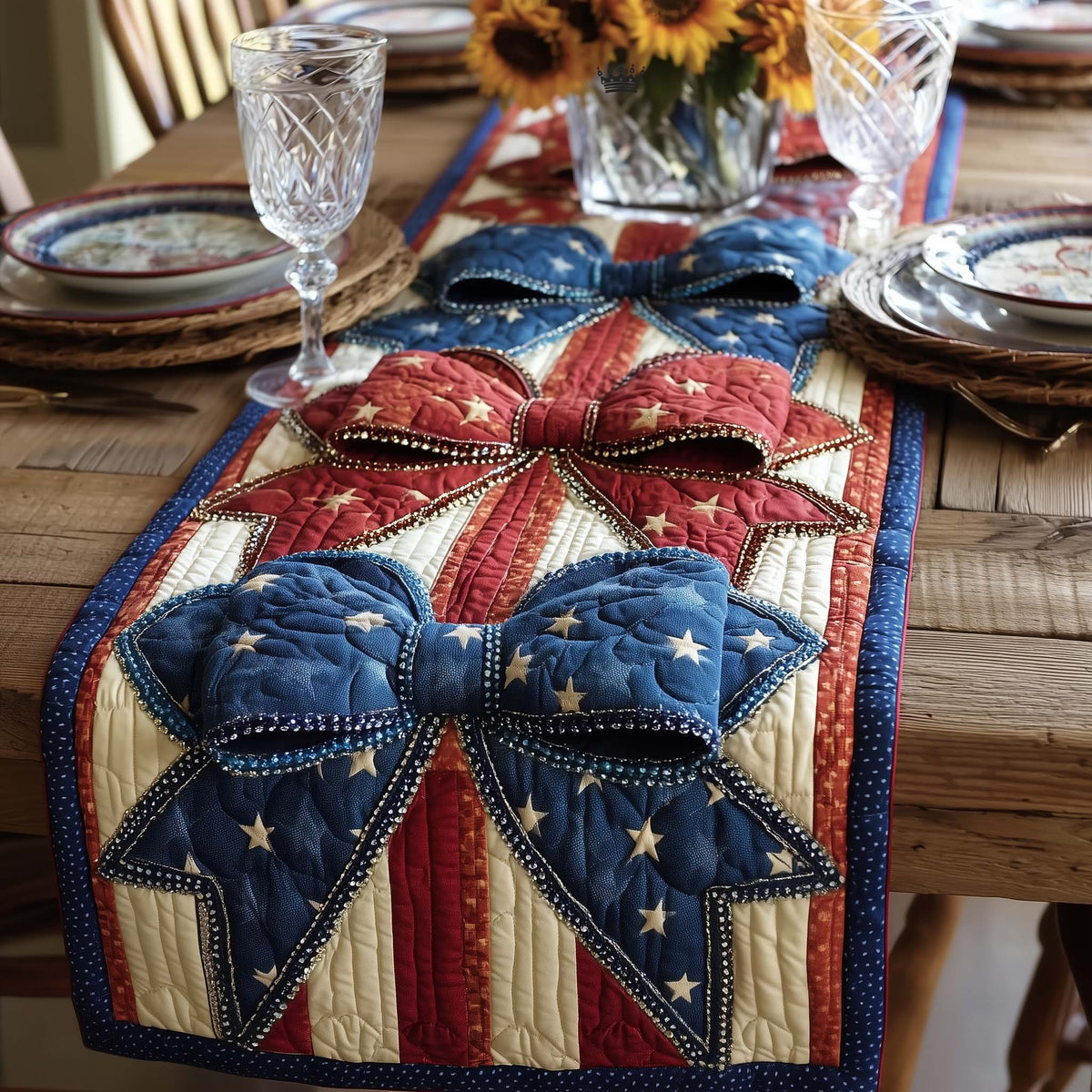 Star Spangled Bows on Stripes Table Runner