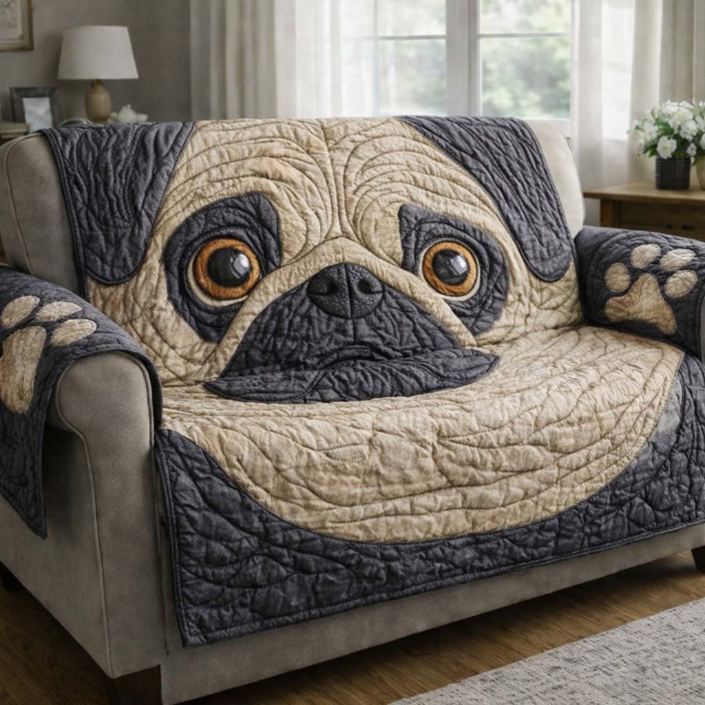 Pug Face Close Up on Cream Sofa Cover