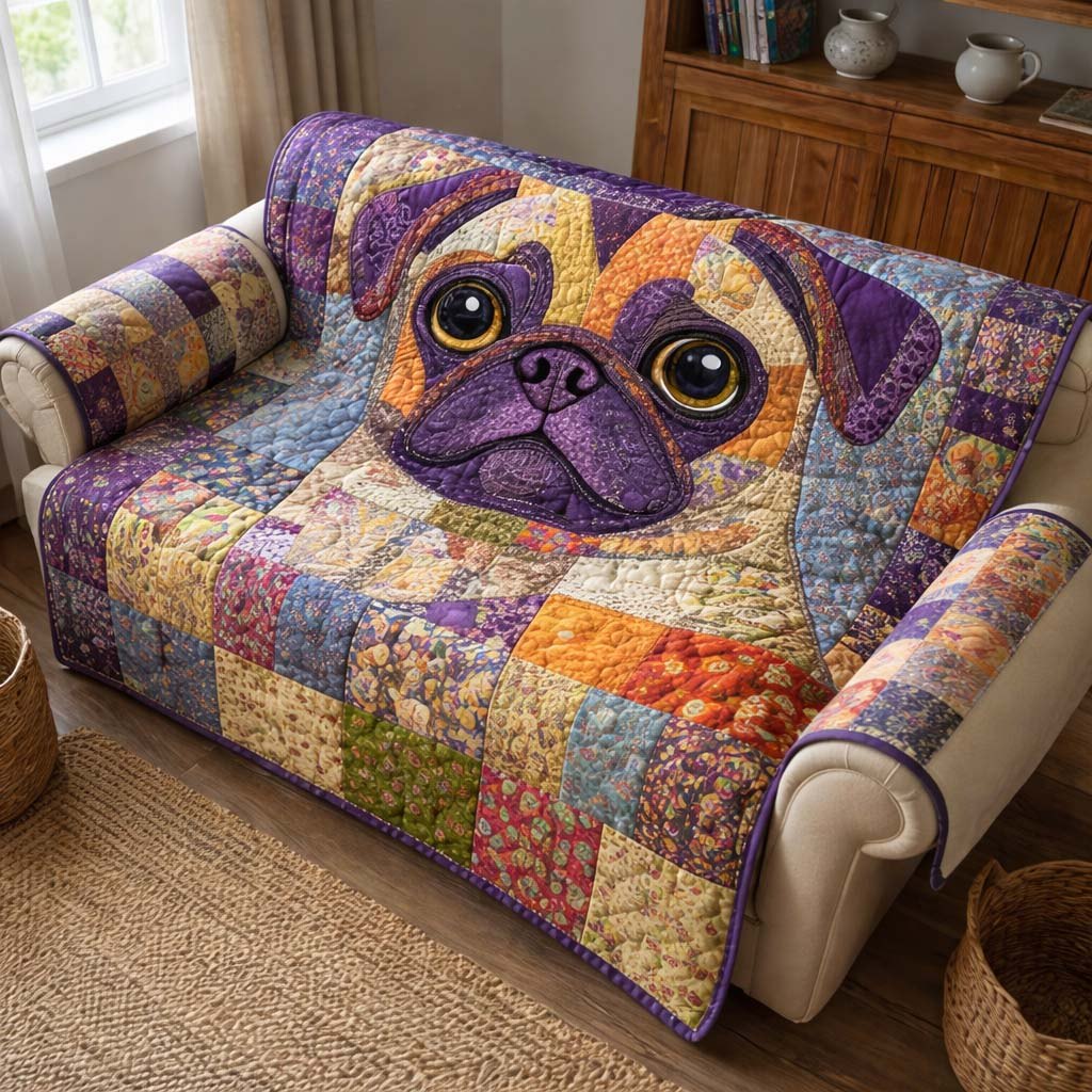 Pug on the Bright Patchwork Sofa Cover
