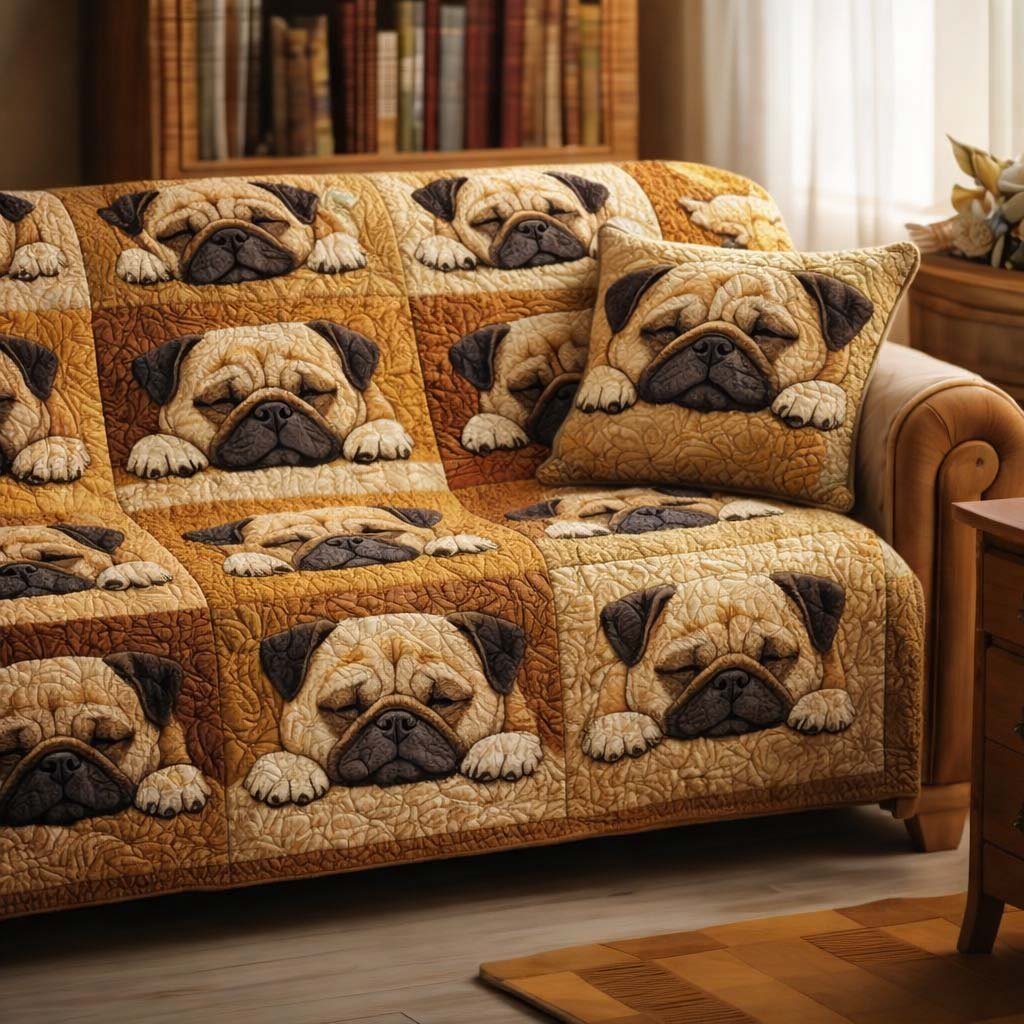 Pugs on Golden Quilt Blocks Sofa Cover